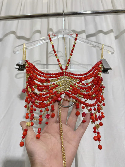 2025 New Women's Necklace Beaded Vest Hollow Out Top Jewelry Exaggerated Pearls Neck Bra Fashion Bra Women's Club Carnival