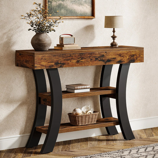 Tribesigns 41" Small Console Table for Entryway, 3-Tier Rustic Sofa Table with Storage Shelves and Curved Frame for Living Room