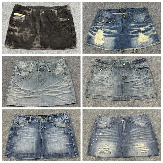 Sexy American Vintage Low Waist Denim  Skirt for Students Z4 Antiquing Y2K Trendy ort Skirt with Handmade Ripped And Fo...