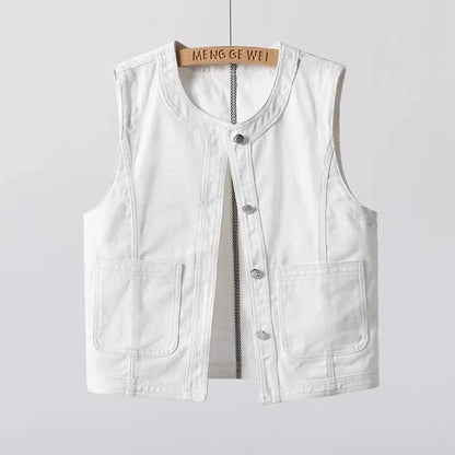 Denim Vest Women's Fashion 2025 New Spring Summer Thin Waistcoat Sleeveless Jacket Top White Cardigan Female Outerwear