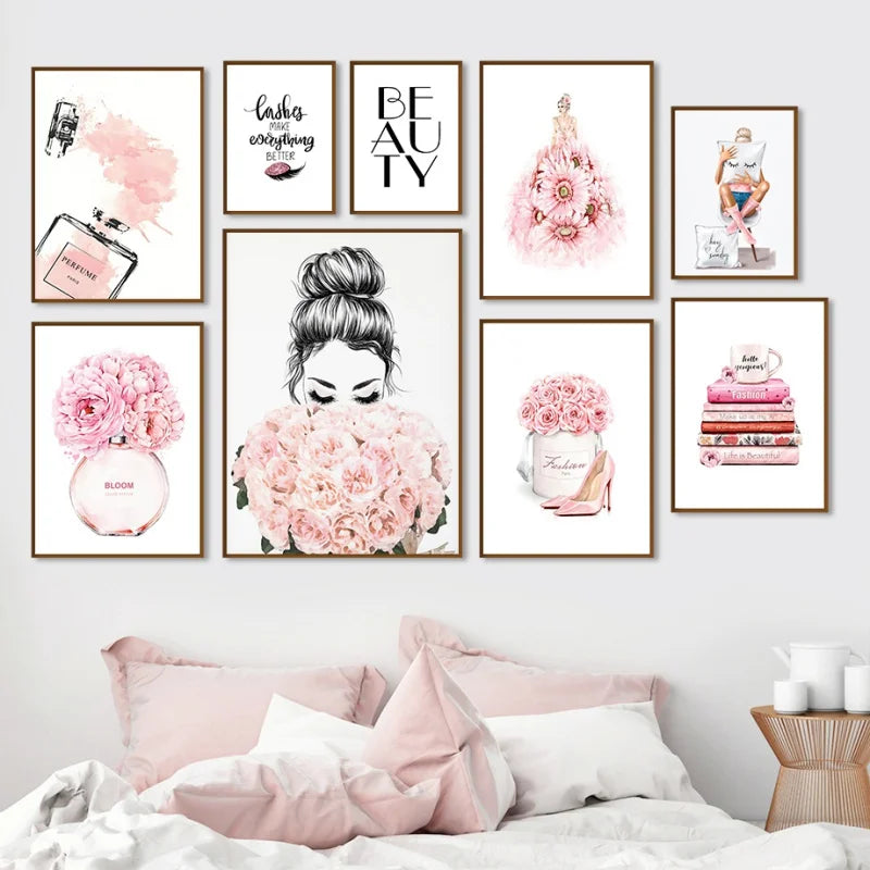 Fashion Makeup Pink Wall Art Women'S Perfume Canvas Painting Art Posters And Prints Home Decor Modern Sweet Flower Painting