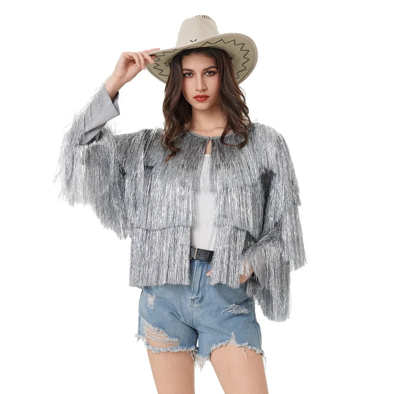 Tinsel jacket Women Coat Temperament Club Coat Long Sleeve Trendy Fashion Sequins Tassel  Jacket  festival open front  carnival