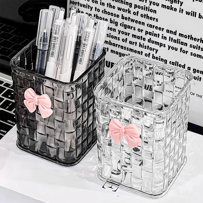 Desktop Pen Holder And Storage Box, Featuring A Bow Decoration And Storage Basket, Suitable For Storing Office Supplies