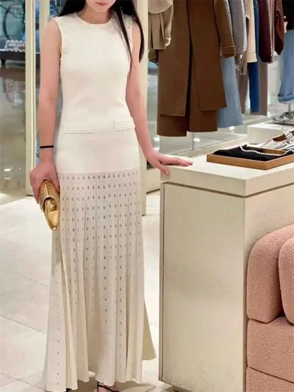 Pearls Decorated Women Round Neck Sleeveless Splicing Knitted Sweater Dress Elegant Or Short Knitted 2025 Spring New Women P8QA