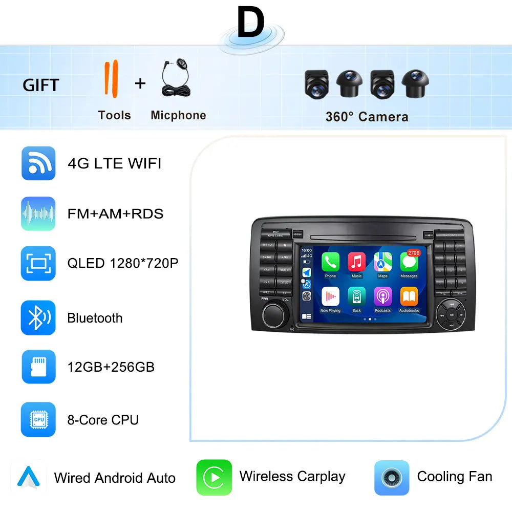 for Mercedes-Benz R-Class R300 R350 R400 2006-2014 GPS Navigation 7" 2.5D Touch Screen Android 16 Wireless CarPlay DSP Stereo