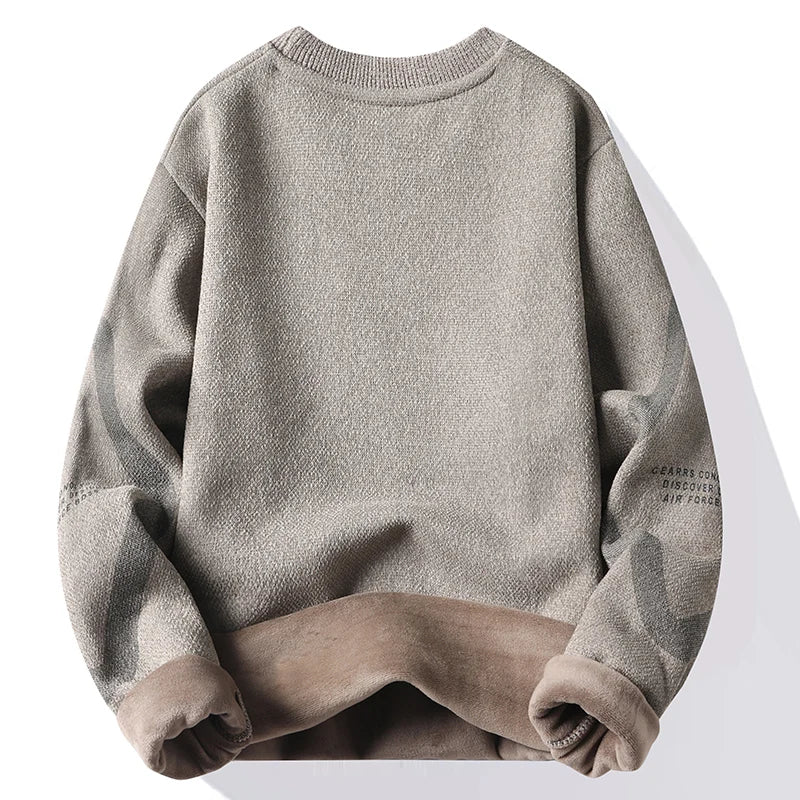 Men's Thick Fleece Sweater Embroidery Velvet Jumpers Fashion Elegant Luxury Brand Brown Knitted Sweater