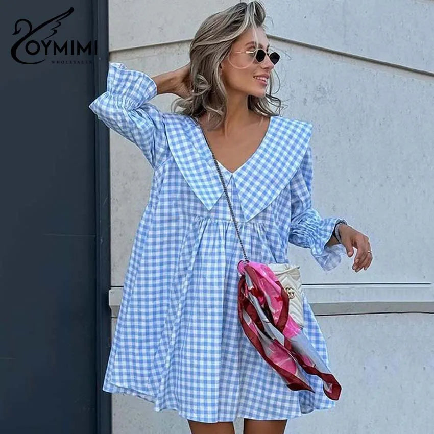 Oymimi Elegant Blue Cotton Dresses 2024 Women Fashion Print Three Quarter Sleeve Looes Dresses Casual New Pleated Mini Dress