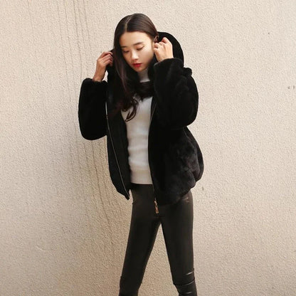 Lucyever High Quality Faux Rabbit Fur Hooded Coat Women Black Luxury Faux Fur Jacket Female Winter Zip Thick Warm Furry Coats