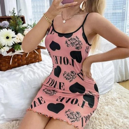 1 Piece Casual & Comfy Heart & Letter Print Nightdress, Lettuce Trim Sexy Slip Short Nightdress, Women's Sleepwear & Dresses