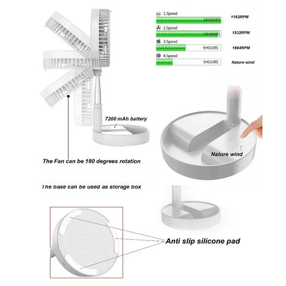 Portable Fan  Rechargeable Mini Folding Telescopic Floor Low Noise Summer Fan Cooling For Household Bedroom Office Deskto
