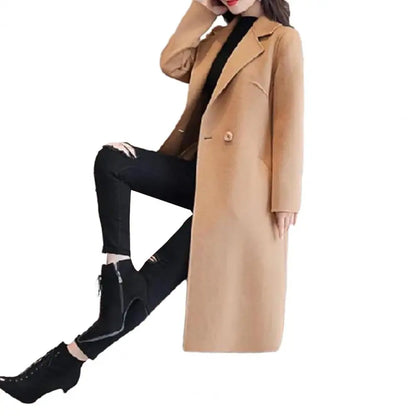 Two Buttons Woolen Coat Stylish Women's Woolen Coat Lapel Long Sleeve Two Buttons Pockets Autumn/winter Mid-length Cardigan