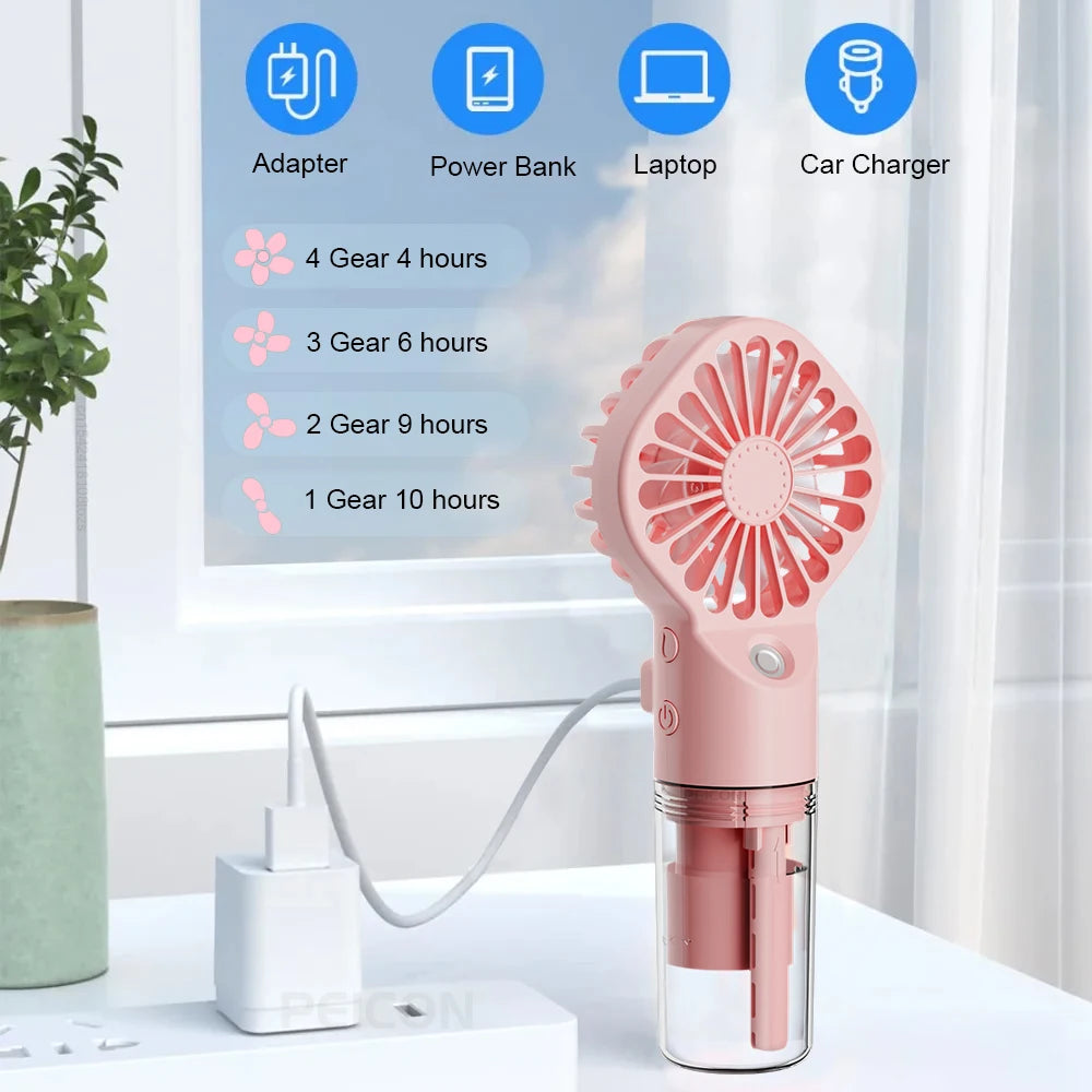 Portable Water Mist Fan Mini Handheld Spray Fan USB Rechargeable Humidifier Fan 4 Speeds Powerful Wind Outdoor Personal Hand Fan