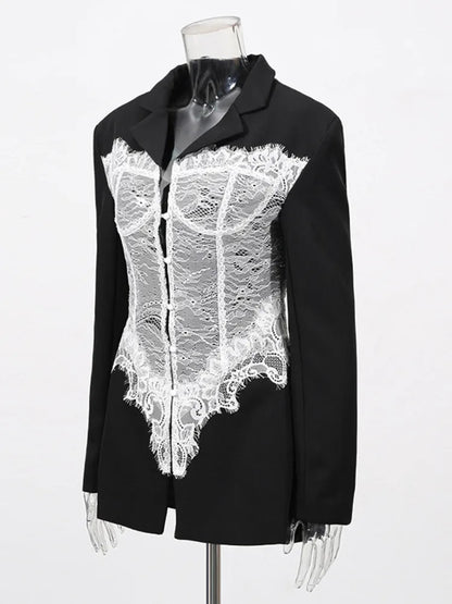 ZMEENNA Women's Black Blazer With White Lace Corset Detail Long Sleeve Formal Jacket For Evening Party Stylish ZM3540
