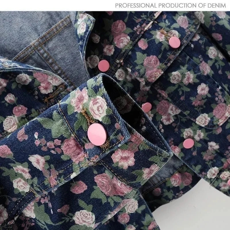 Ladies Spring And Autumn New Retro Fashion Joker Floral Print Long Sleeve Denim Jacket Short Loose Jacket Button Lapel Jacket