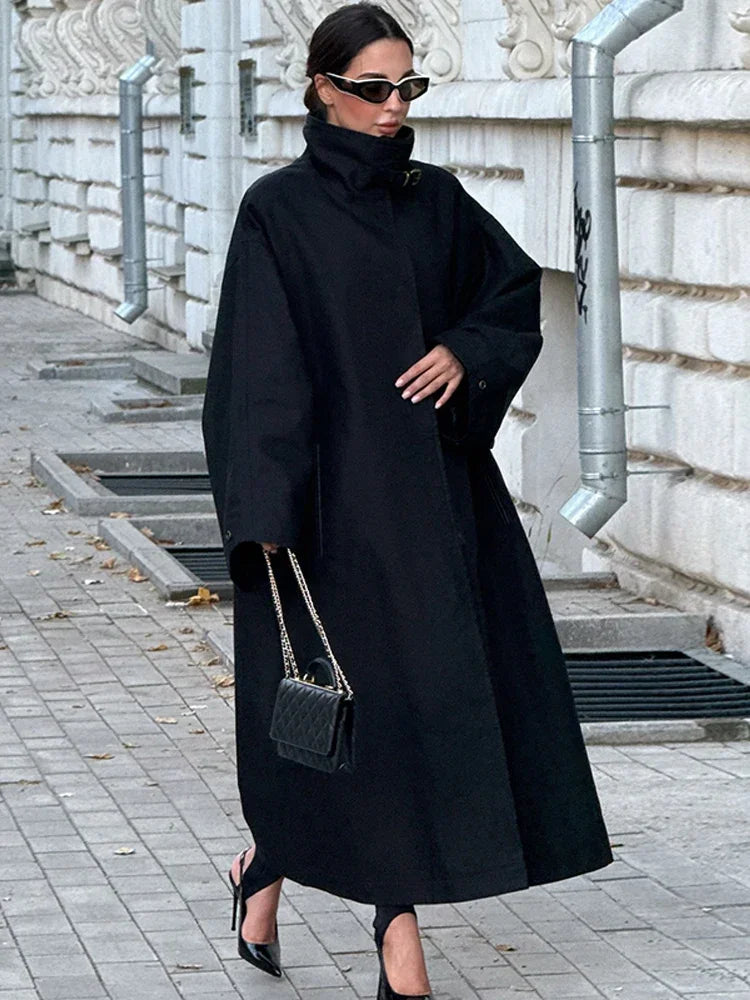 Women's Windproof Trench Coat Chic Long Sleeve Loose Fit Overcoats Stand Collar Long Jackets 2025 Lady Street Fashion Outerwears
