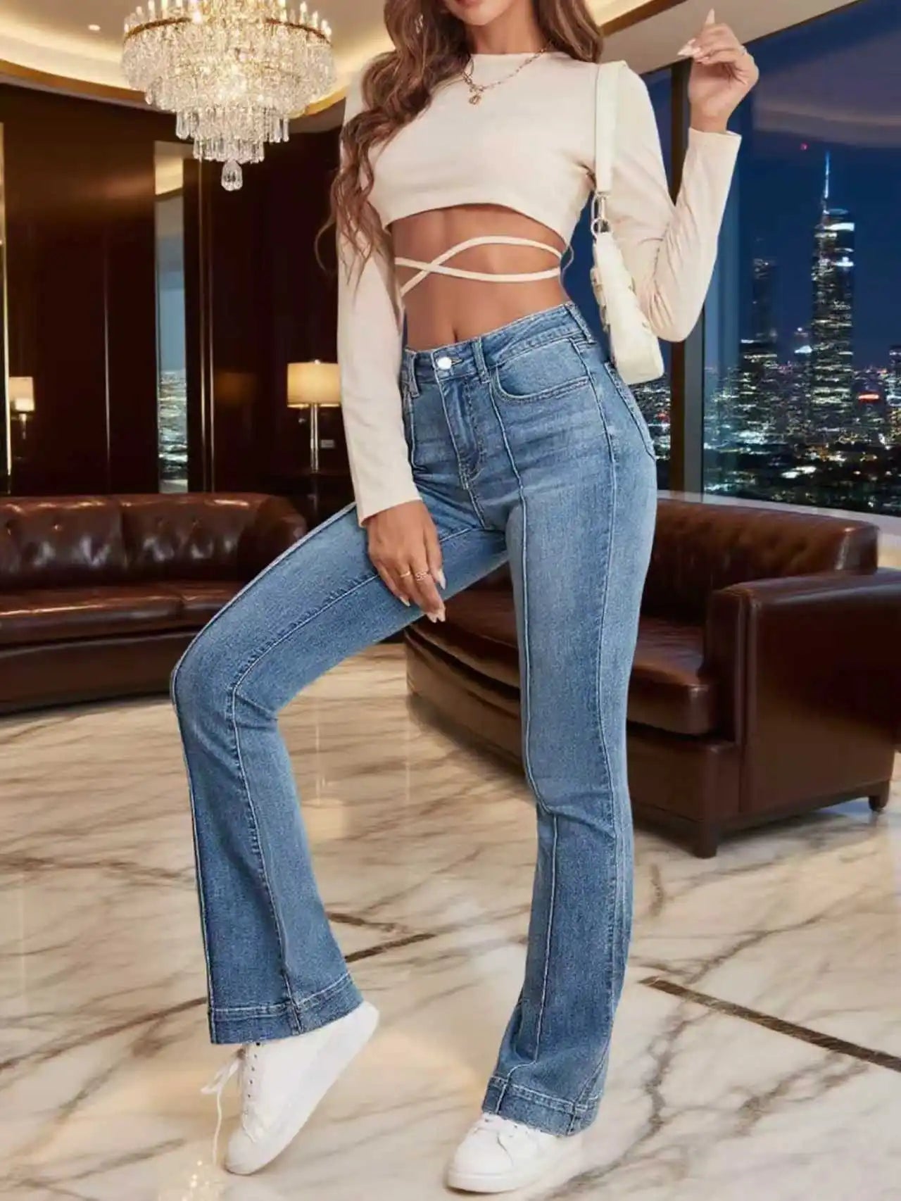Gray Stretch Womens Flared Jeans French Seam Detail Simple Design Versatile Slimming Bootcut Trousers Women's pants pants Jeans