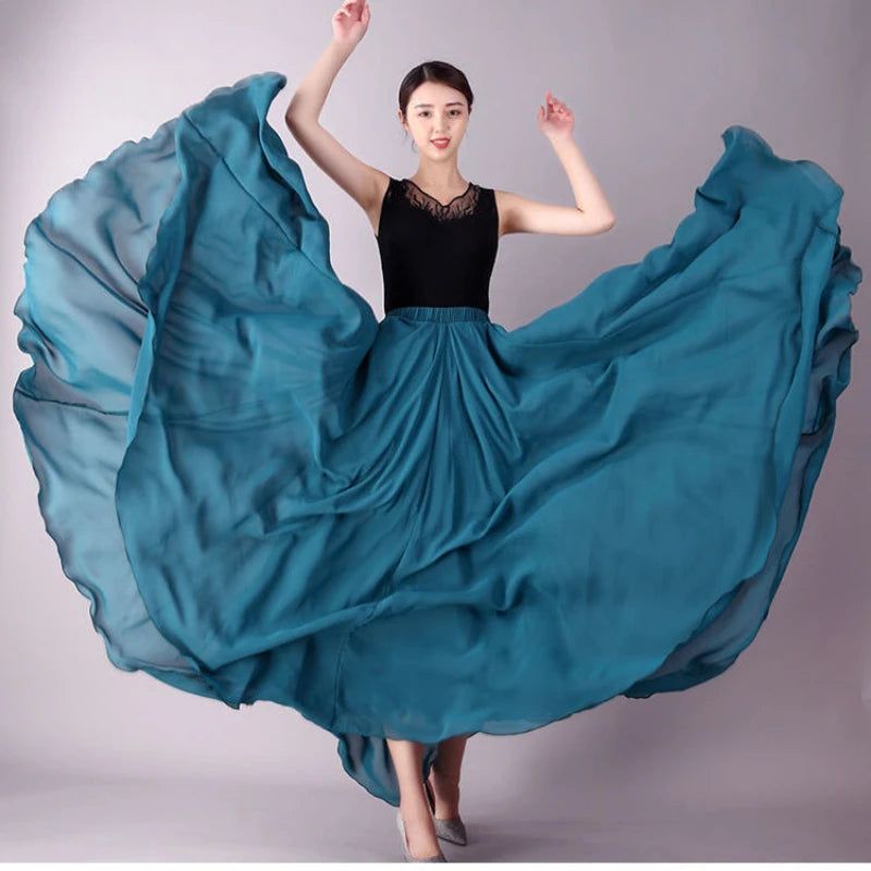 720 Degree Dance Skirt Pleated Long Skirt Women's Summer Solid Color High Waist Chiffon Long Skirt Large Swing Skirt