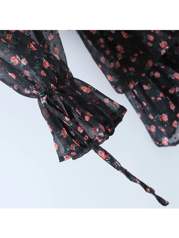 E 2022 Fashion Women Vintage Floral Print Chiffon Dress Sexy Semi-Sheer Long Sleeve Layered Ruffle Ladies Short Dress