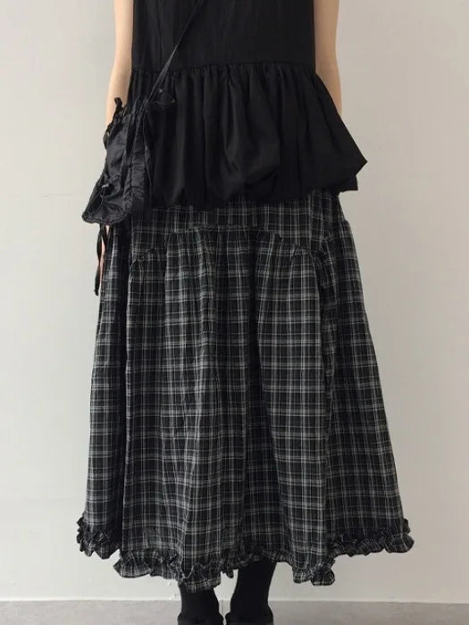 Korean Sle A-Line Midi Skirt Women's Summer 2025 Vintage Versatile High Waist Plaid Lace f-length Skirts