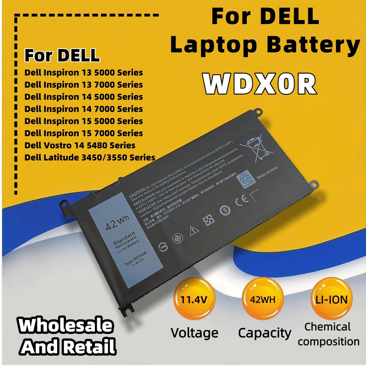 FRLESUI Laptop Battery WDX0R WDXOR For DELL Inspiron 14 5368 5567 7560 5767 7472 7460-d1525s 7368 7378 5565 Latitude 3488 3580