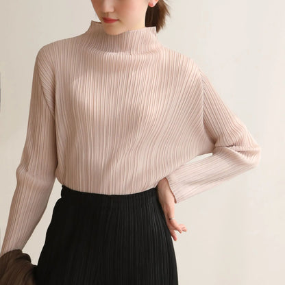 Miyake Pleated T-Shirt Woman Stand Collar Solid Color Loose Wild Full Sleeve Pullover Tops Causal Style Over Size Fall 2022 New