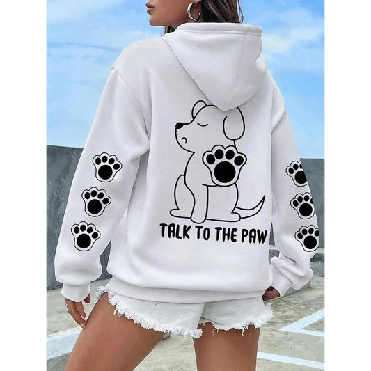 Talk To The Paw Funny Dog Cartoon Print Hoodie Women Warm Fleece Hoody Fashion Casual Hooded Autumn Loose Round Neck Woman Tops