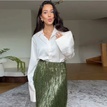 Women's Young Versatile Sparkling Tassel Skirt Fashion Design Casual Evening Party Gown 2025 New Elegant Straight Tube Vistidos