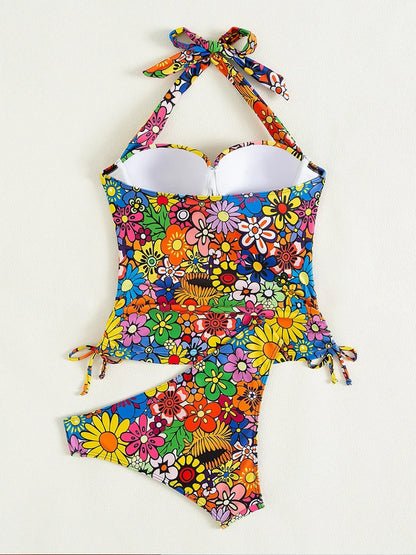 2026 Vintage Tied Halter Floral Print Tankini Set Women Summer Push UP Swimsuit Ladies Beach Backless Swimwear Bathing Suit Swim
