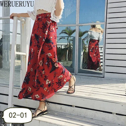 WERUERUYU Wrap Skirts Women Casual Chiffon Tie-Waist Ruffle Wide Leg Loose