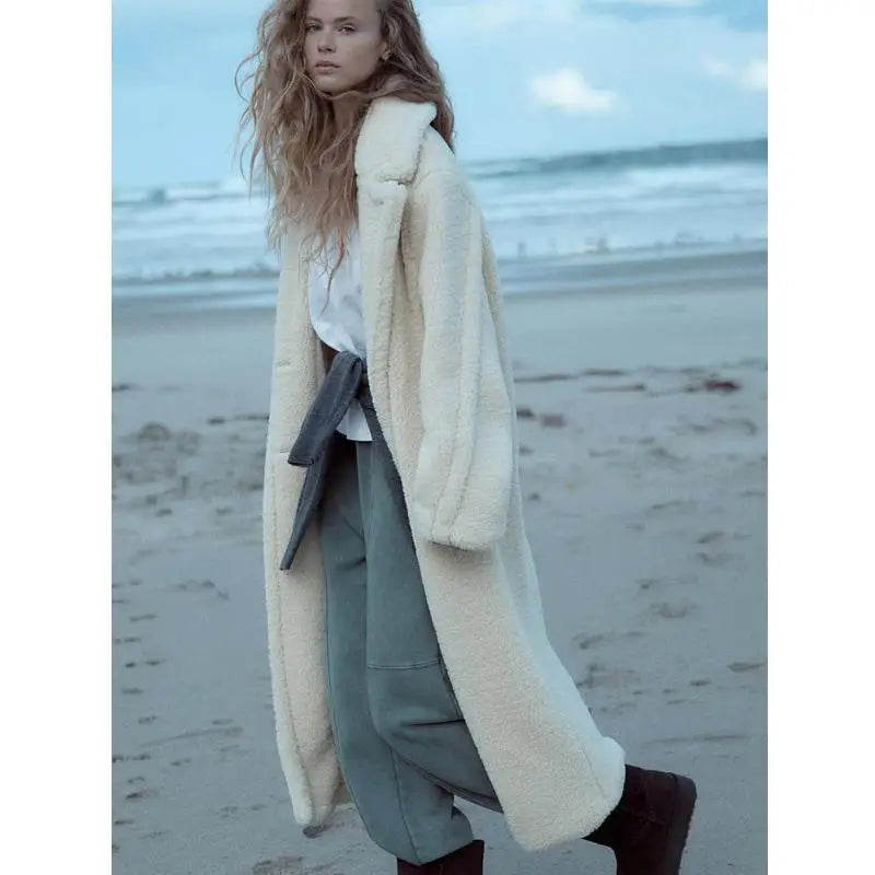 Autumn Winter New Arrival Women's Lazy Sle Warm Lapel Long Sve Fce Long Coat Jaet Straight Cut Commute Polyester