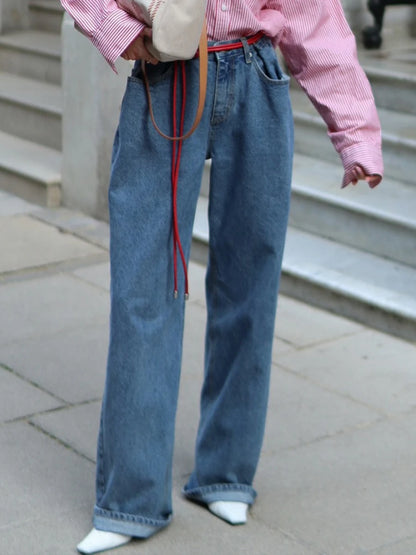 Bornladies Women's New 2025 Autumn Trendy Wide Leg Jeans Loose Straight Leg Floor  Length Retro Cotton Jeans