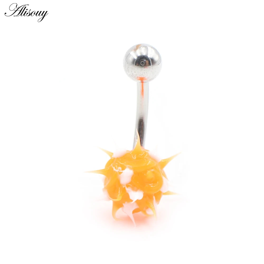 Alisouy 1PC 14G Silicone Rubber Brushed Fuzzy Ball Stainless Steel Bar Girl Women Belly Navel Button Ring Piercing Body Jewelry