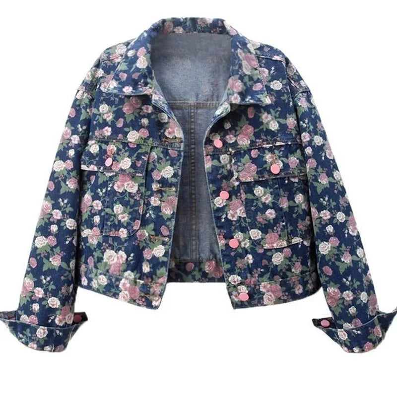 Ladies Spring And Autumn New Retro Fashion Joker Floral Print Long Sleeve Denim Jacket Short Loose Jacket Button Lapel Jacket