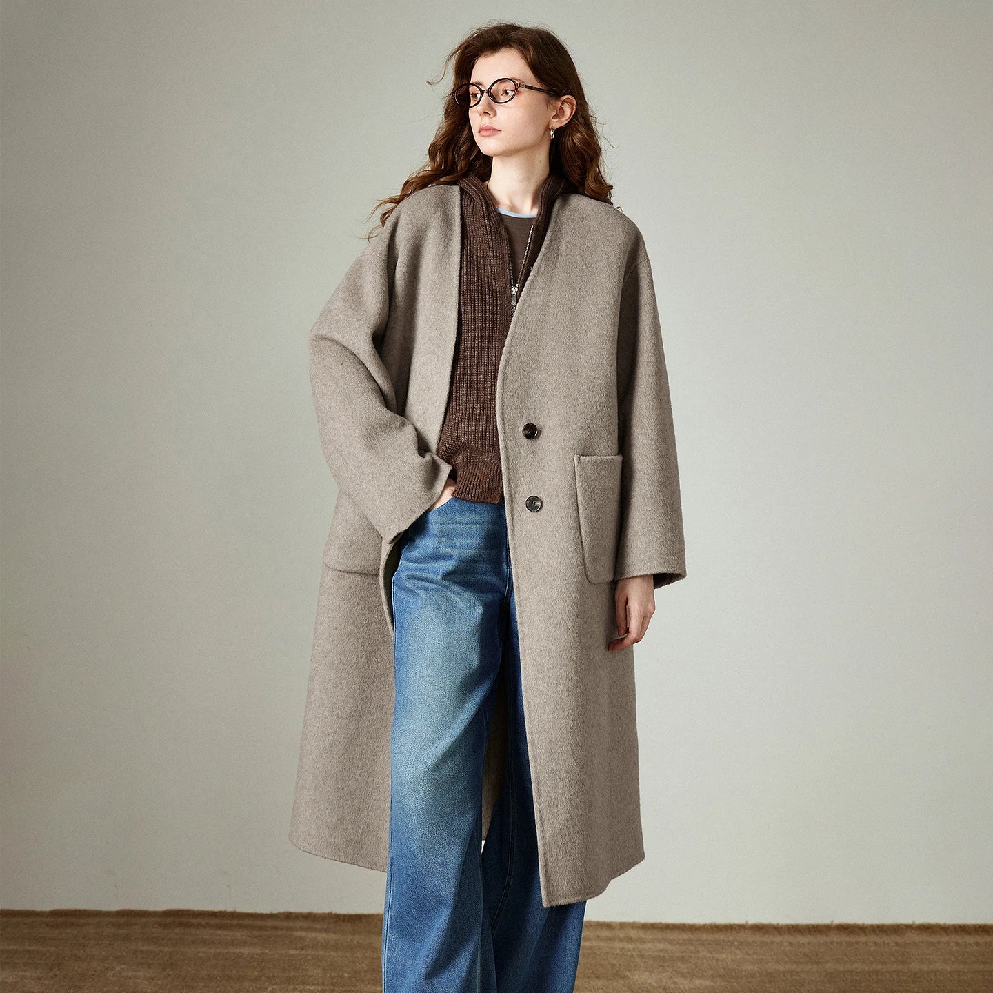 TOYOUTH Women Woolen Coat 2025 Winter New V Neck Mid Length Retro Female Overcoat Jacket Camel Black Gray