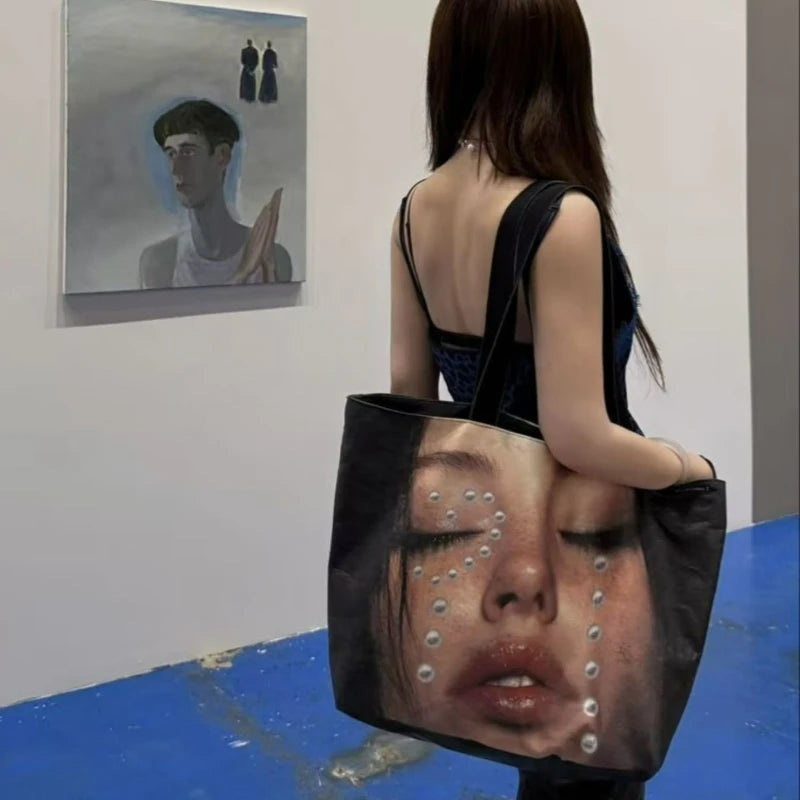 New Stylish Large-capacity Waterproof Shoulder Bag - Creative Women's Face-print Handbag - DuPont Paper Large Shopping Bag