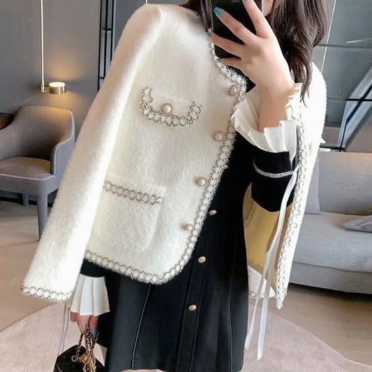 Fragrant Spring Autumn Autumn and Winter Cardigan Short New Mink Jacket Temperament Sweater Versatile Knitted Top