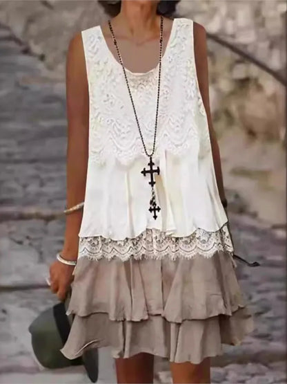 Casual Patchwork Dress Lady Fashion Sleeveless V Neck Pullover Lace Ruffles Dresses For Women Boho Holiday Womens Clothing New