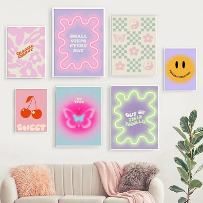 Colorful Danish Pastel Canvas Painting Aesthetic Poster Cherry Plaid Smiley Flower Butterfly Print Wall Art Nursery Home Decor