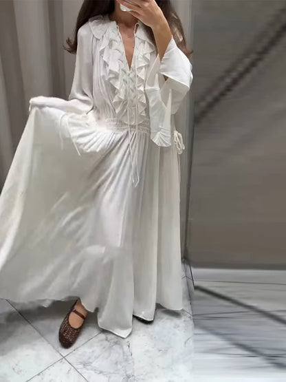 Elegant Solid Flounces Dresses Chic Loose V Neck Full Sleeve Female Long Robes New Lady Summer Commute Vacation Dress 2025