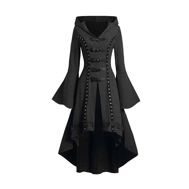 Dressfo Women's Grommet Gothic Hooded Top High Low Hem Buckle Flare Sleeve Frilled Top Long Sleeves Hooded Halloween Tops