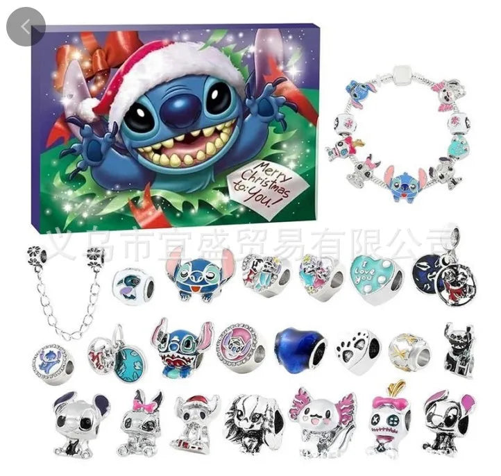 Disney Stitch Mickey Mouse Adventskalender-Armbänder, 24 Tage Countdown, DIY-Schmuckherstellung, süßes Weihnachtsgeschenk