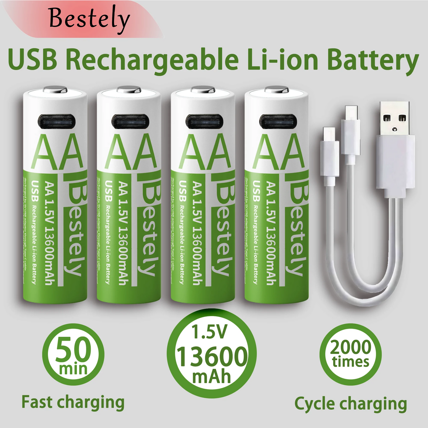 New 1.5V AA 13600mAh Rechargeable Lithium Battery Fast Charging Li-ion Akku High Capacity Batteries with USB-C Cables for Free