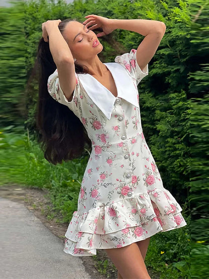 Short Puff Sleeves Print Ruffled Hem Dress Women V-Neck  Pearl Buttons High Waist A-line Mini Dress Female Holiday Slim Robe