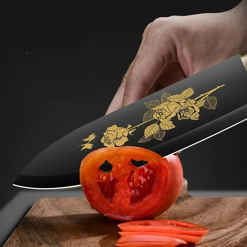 Deluxe Gold Titanium Plated Blade Fruit and Vegetable Chopper Deluxe Stainless Steel Kitchen Knife Professional Cooking Gear