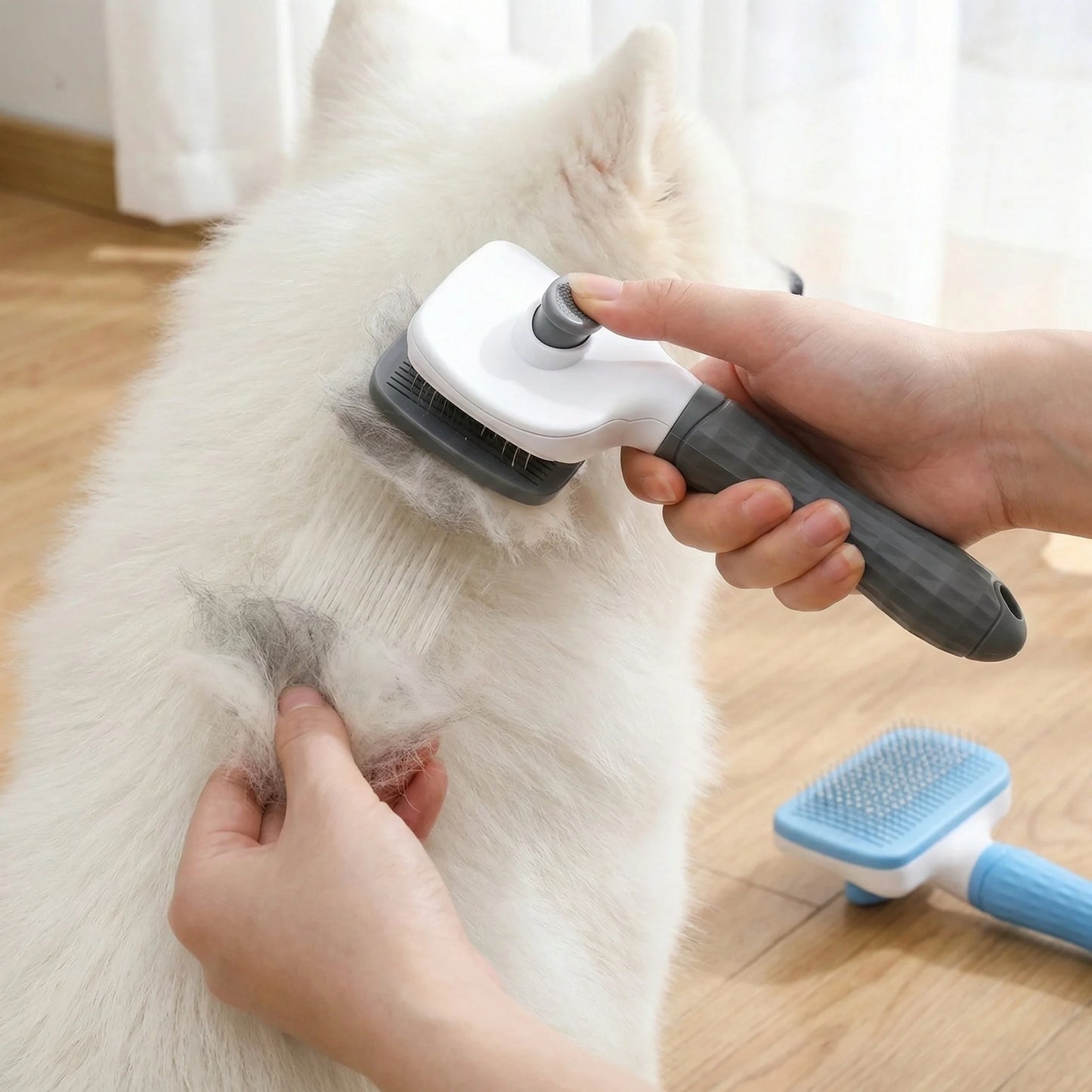 Dual-Use Dog Cat Grooming Brush 20×10×5.5cm, Self-Cleaning Slicker Comb with Round-Tip Bent Needles, Ergonomic Handle for Pet Ha