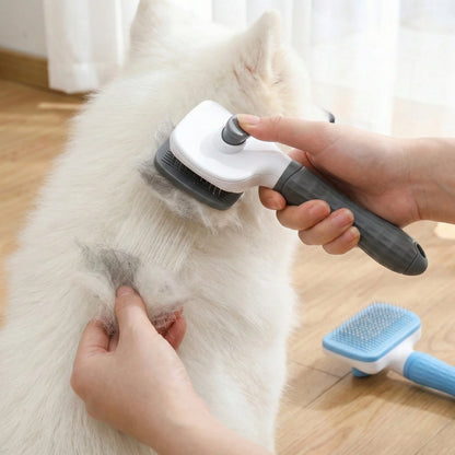 Dual-Use Dog Cat Grooming Brush 20×10×5.5cm, Self-Cleaning Slicker Comb with Round-Tip Bent Needles, Ergonomic Handle for Pet Ha