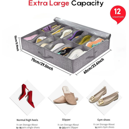 Shoe Storage Organizer box for Under Bed, Fit 12 Pairs, Collapsible Closet Underbed Shoes Container Bags with Reinforced Handles