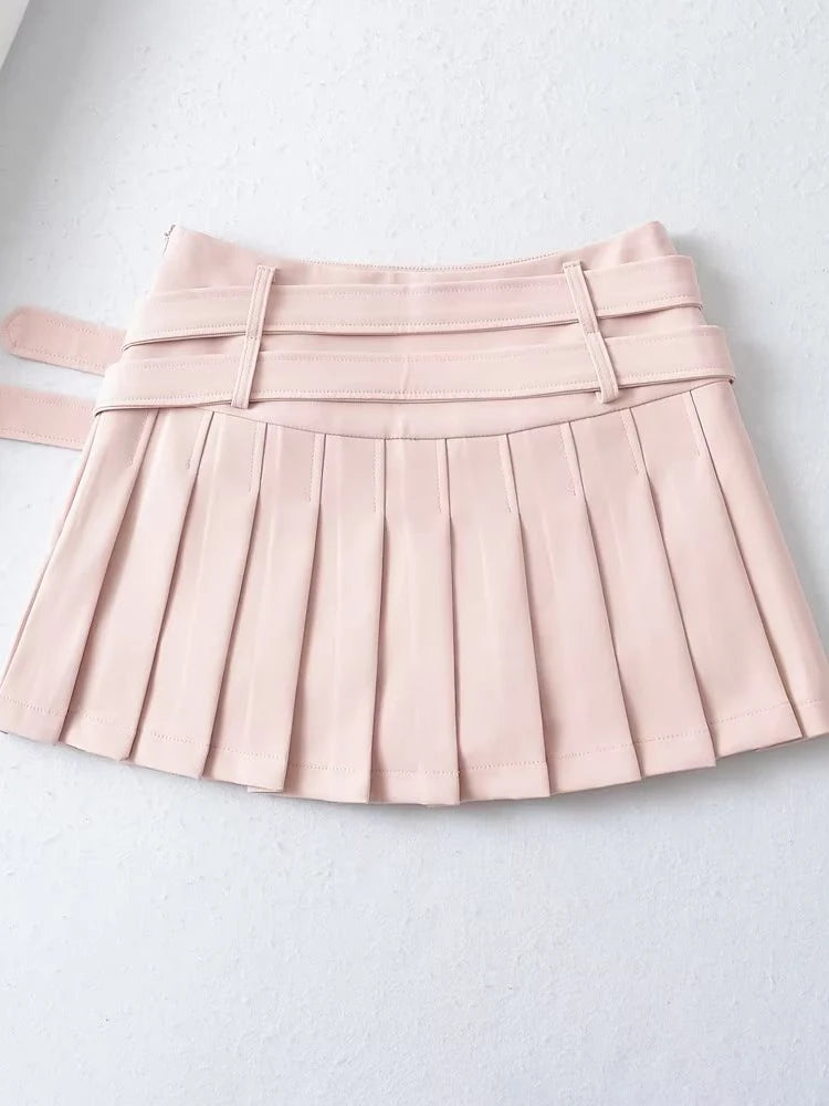 Women Summer New Fashion Hot Sweet Slim Pleated Super Short Skirt Cute Chic Heart Belt Mini Skort Streetwear Shorts Skirts
