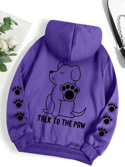 Talk To The Paw Funny Dog Cartoon Print Hoodie Women Warm Fleece Hoody Fashion Casual Hooded Autumn Loose Round Neck Woman Tops