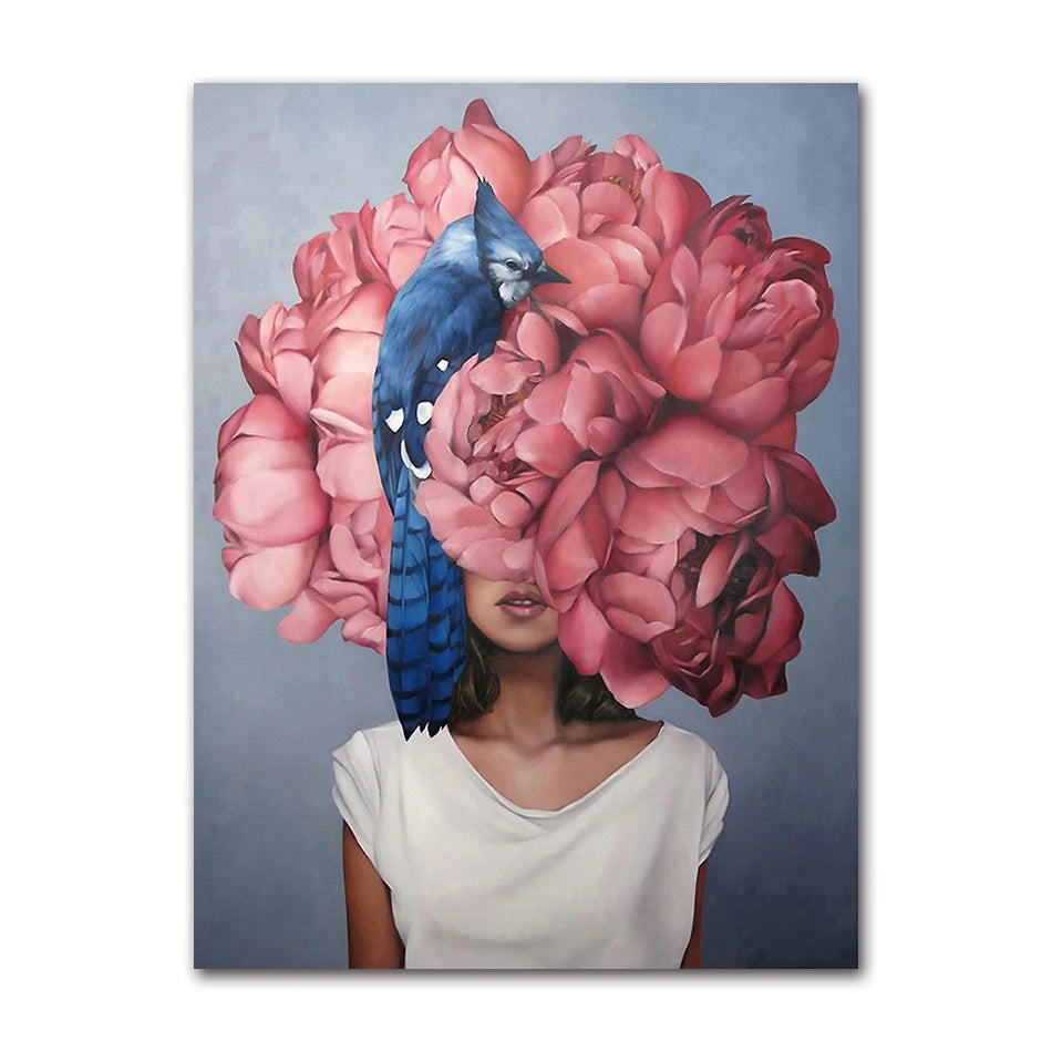 Decorative Painting Living Room Home Decoration Flowers Feathers Woman Abstract Canvas Painting Wall Art Print Poster Picture